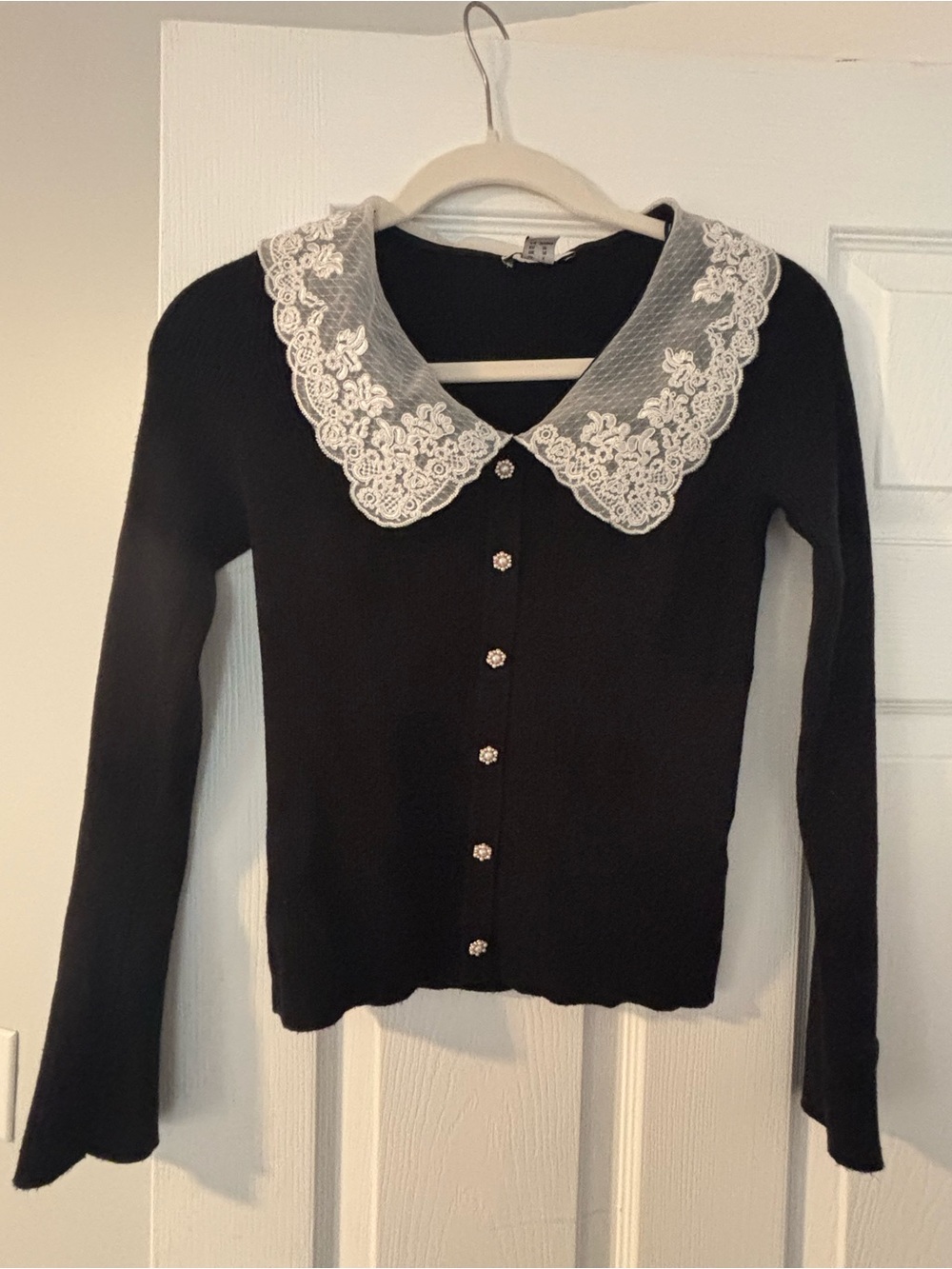 Only Black Cardigan with White Lace Collar